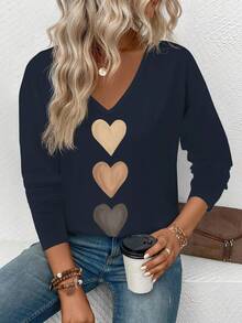 EMERY ROSE Women's V-Neck Cuff Sleeve, Popular Ombre Heart Print Casual Versatile Long Sleeve T-Shirt