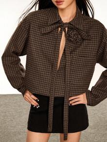 Rina Fox 休闲格子领结女式衬衫 - 棕色 - 查看 7