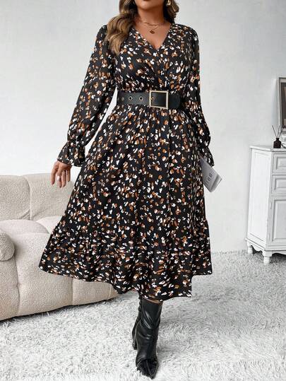Rometta Plus Size Women's Autumn/Winter Fashion Casual V-Neck Ditsy Floral Long Cinched Waist Dress, Slimming Silhouette Maxi Women Outfit