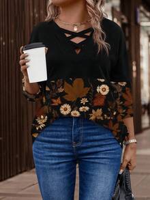 EMERY ROSE Women's Autumn/Winter New Arrival Bestselling Leaf & Flower Print Patchwork Design Plus Size Sweatshirt - Multicolor - View 4