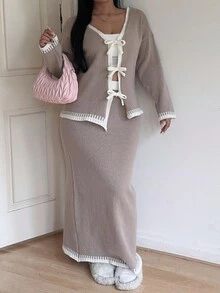 Flirla 秋冬新款简约蝴蝶结开衫毛衣连衣裙套装