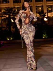 Lureya Combinaison femme à manches longues avec encolure ajourée, style vintage, imprimé dégradé personnalisé, sexy, jambes larges