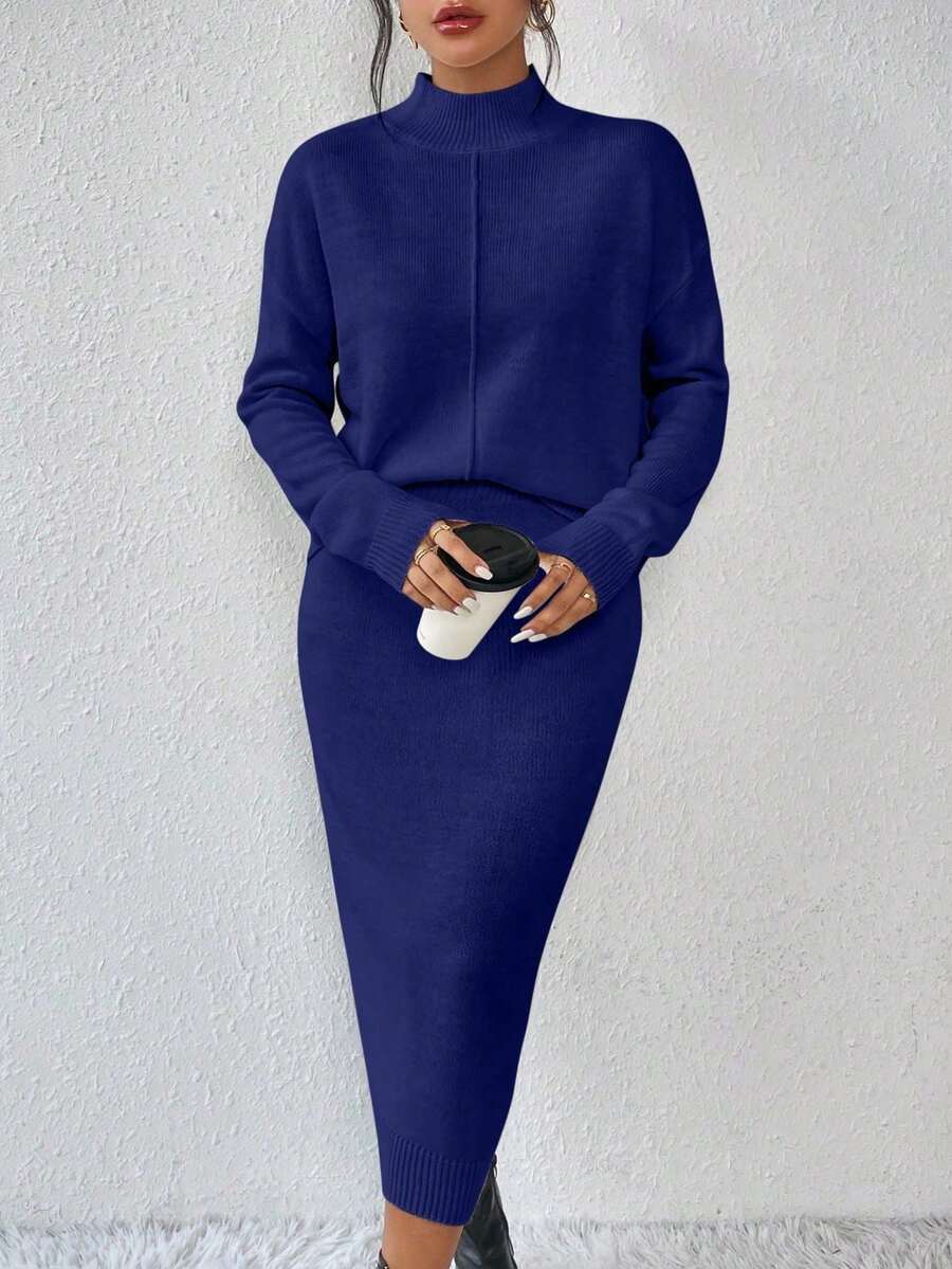 RosyDaze Women's Simple Casual Solid Color Knit 2 Pieces Dress Set - Blue - View 1