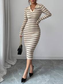 Elenzga 女装秋冬新款V领设计时尚优雅修身经典条纹针织长袖毛衣裙，百搭日常通勤 - 杏色 - 查看 3