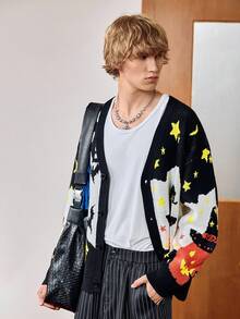 Manfinity Roghcode Men's Pumpkin & Letter Pattern Long Sleeve Single-Breasted Casual Knit Cardigan, For Halloween , Fall Winter - Multicolor - View 3