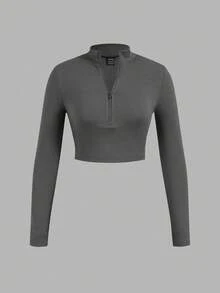 SHEIN EZwear 3 件套女式拉链罗纹面料高领长袖 T 恤套装，适合春秋季 - 彩色 - 查看 9