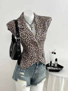 SHEIN Unity Women's Autumn/Winter Leopard Print Single-Breasted Deep V-Neck Fitted Vest Leopard Print Top - Multicolor - View 1