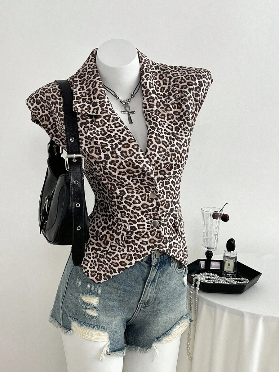 SHEIN Unity Women's Autumn/Winter Leopard Print Single-Breasted Deep V-Neck Fitted Vest Leopard Print Top - Multicolor - View 1