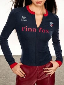 Rina Fox 2025 女士时尚拉链字母印花长袖T恤 - 藏蓝色 - 查看 7