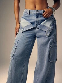 Denimoi Jeans cargo de pierna recta con doblez de moda para otoño e invierno, ropa de calle para mujeres - Lavado ligero - Ver 2