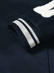 Manfinity EMRG 男士字母印花长袖单排扣休闲翻领夹克黑色运动夹克棒球夹克黑色。男士万圣节服装、Y2K、街头时尚、返校季、送给男朋友的礼物、秋季 - 藏蓝色 - 查看 3