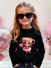 GraphicGems 年轻女孩休闲时尚可爱芭蕾舞女演员和咖啡杯卡通印花舒适圆领长袖 T 恤，芭蕾舞女演员卡布奇诺黑色长袖 T 恤，适合秋冬季 - 黑色 - 查看 2