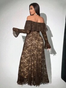 Viva Relle Plus Size Lace Fitted Off Shoulder Ruffle Hem Dress - Coffee Brown - View 5