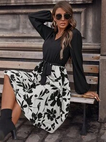 EMERY ROSE Đầm Maxi Tay Lửng In Hoa Có Thắt Lưng Cho Nữ - Đen và trắng - Xem 4