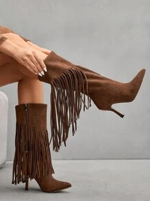 CUCCOO SZL 女士时尚尖头细高跟棕色流苏性感优雅过膝靴 - 摩卡棕 - 查看 3
