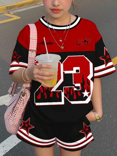 SHEIN Leap Crew 2 件套 Tween 女童粉色和棕色运动服套装，美国洛杉矶 23 号图案休闲运动短袖 T 恤和短裤套装，适合夏季运动、户外、度假、骑行、返校