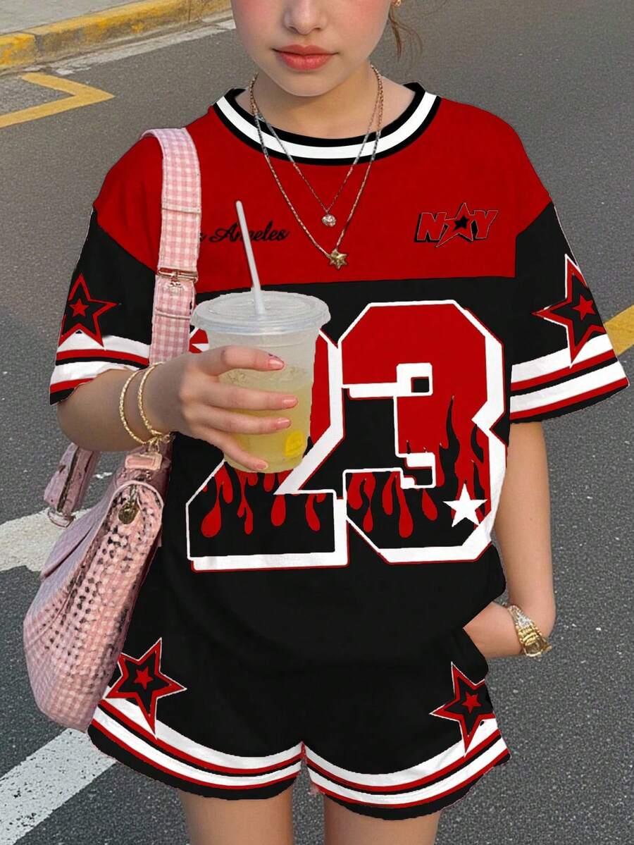 SHEIN Leap Crew 2件組青少年女孩運動球衣套裝,黑色與紅色USA Los Angeles 23號圖案休閒運動T恤與短褲,夏季牛仔粉色與棕色球衣 - 彩色 - 查看 1