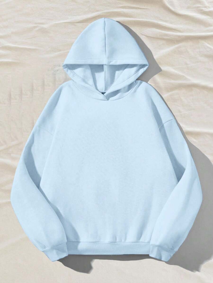 Attitoon 夏季简约休闲纯色套头连帽长袖卫衣，无抽绳，宽松版型，适合秋冬季穿着 - 淺藍色 - 查看 1