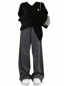 INAWLY 女士休闲百搭宽松V领运动衫 - 黑色 - 查看 1