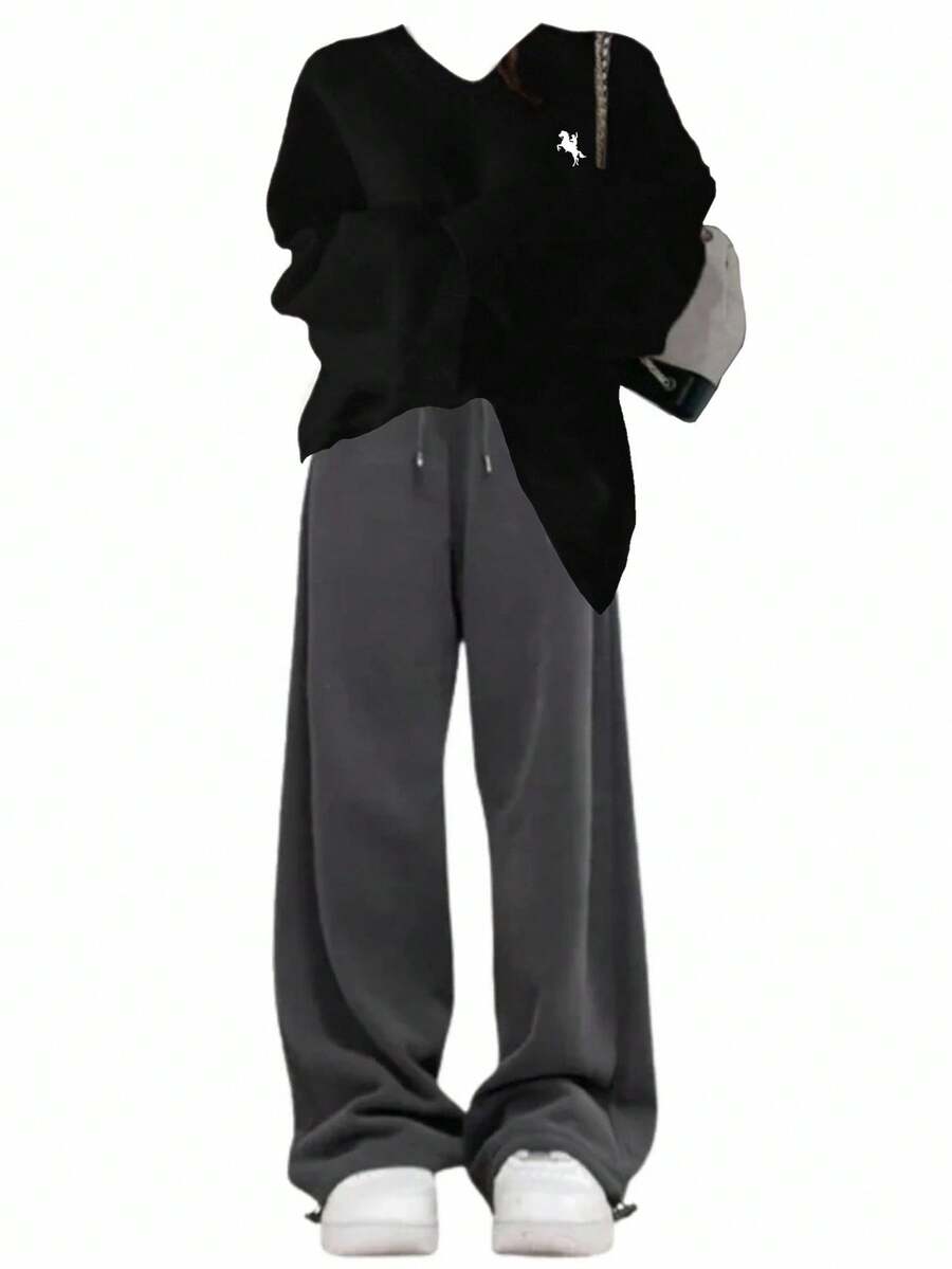 INAWLY 女士休闲百搭宽松V领运动衫 - 黑色 - 查看 1