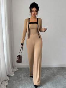 Elenzga 女士休闲通勤时尚舒适优雅撞色开衫、吊带背心和直筒裤三件套，春秋 - 彩色 - 查看 6