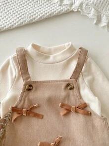 Cozy Pixies 2件套女婴针织柔软高领长袖毛衣上衣和围裙套装 - 卡其色 - 查看 5