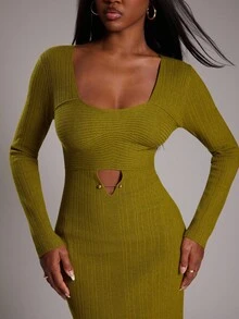 NYA SZN Đầm dài tay ôm sát bodycon dệt kim co giãn dệt kim mini xẻ tà cắt rời dệt kim gân dịp đặc biệt đám cưới khách hẹn hò ăn trưa quý tộc khiêm tốn thu đông thích hợp đi làm trang phục cho phụ nữ - màu xanh lá - Xem 5