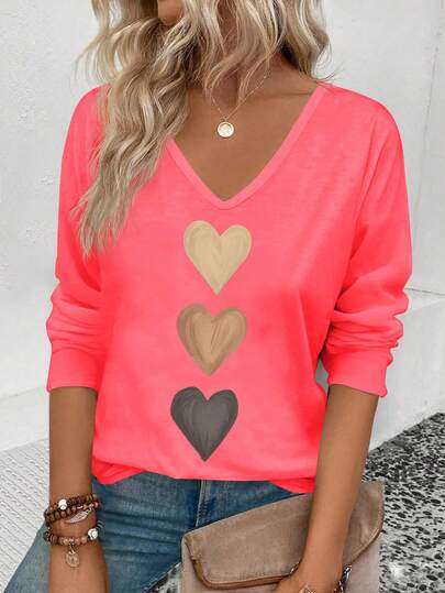 EMERY ROSE Camiseta de manga larga casual y versátil con cuello en V y puños, con estampado de corazón degradado, talla grande vendida