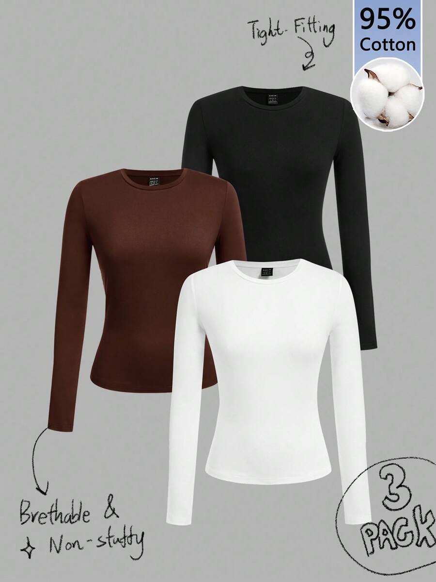 Tseoso Bộ 3 áo thun dài tay ôm dáng màu đen trắng, thích hợp cho mùa thu đông, 95% cotton - Nhiều màu - Xem 1