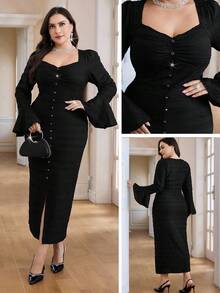 Modelyn Plus Size Women Solid Color Sweetheart Neck Flare Sleeve Ruffle Button Design Fitted Elegant Dress - Black - View 1