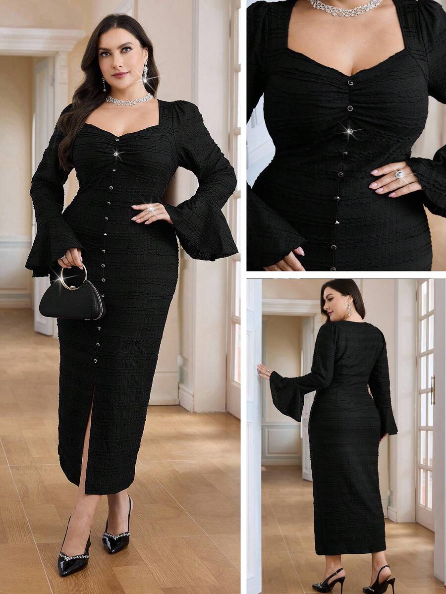 Modelyn Plus Size Women Solid Color Sweetheart Neck Flare Sleeve Ruffle Button Design Fitted Elegant Dress - Black - View 1