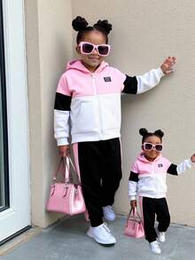 2pcs Young Girl Casual All-Match Athletic Hooded Jacket + Sports Sweatpants Set, Grey+Pink+Black Colorblock, Warm Lining, Zipper Front Pockets - Multicolor - View 5