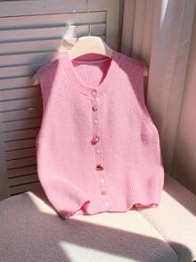 CovetEZ 女士休闲金属扣纯色针织背心 - 粉色 - 查看 4