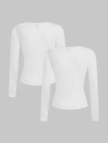 SHEIN EZwear 2pcs/Set Women White Crew Neck Casual Slim Fit Long Sleeve T-Shirt Set, Suitable For Autumn/Winter,White Shirt - White - View 2