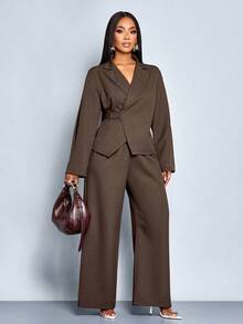 SOLERSUN Women's Elegant Commuting Coffee Tweed Wrap Blazer With Front Tie Back And Wide Leg Pants Suits Fall Cloth For Women - Coffee Brown - View 5