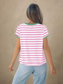 Wildy Camiseta informal y holgada de manga corta con cuello redondo y diseño de rayas minimalista, adecuada para el verano