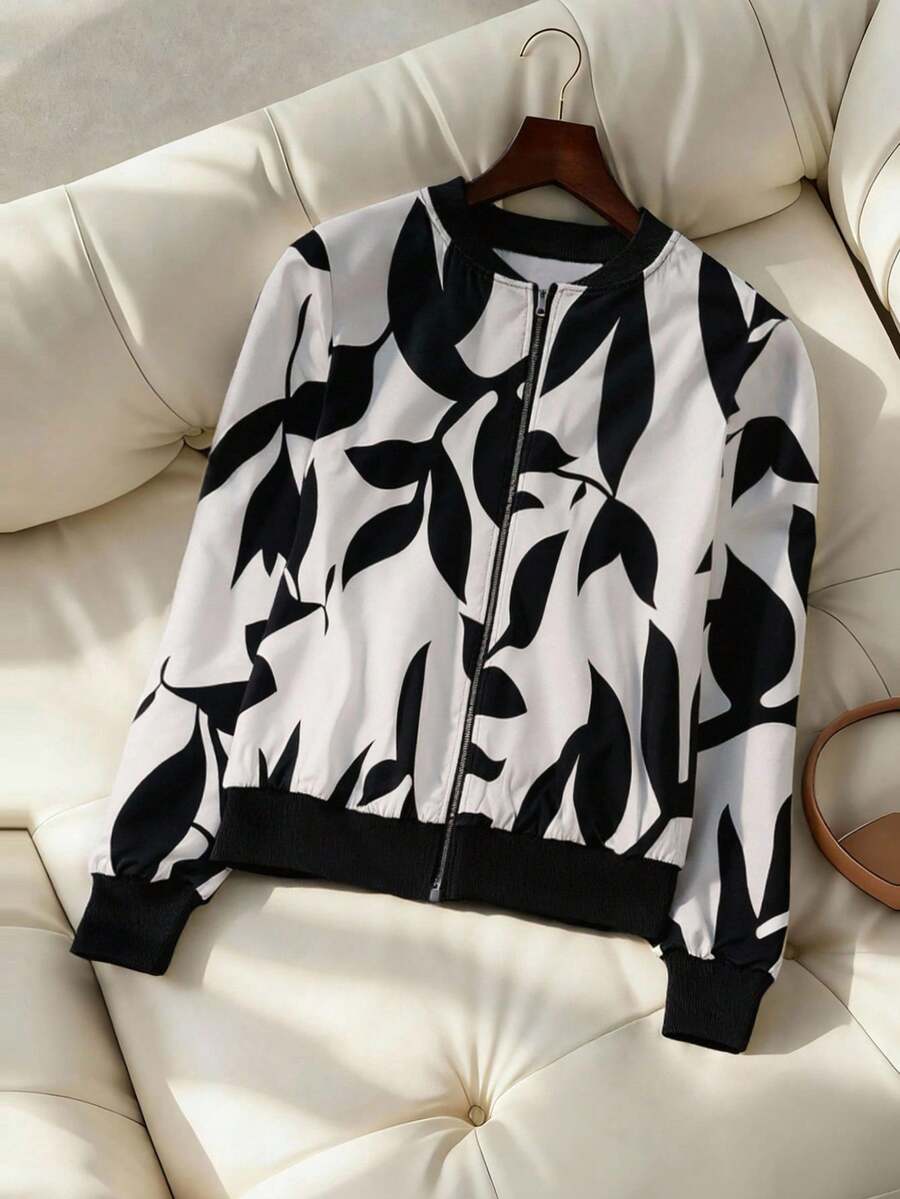 EMERY ROSE 女式休闲植物印花夹克，秋季 - 白色 - 查看 1