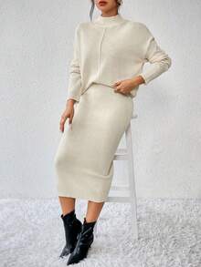 SHEIN Conjunto de 2 piezas de vestido de punto de unicolor casual para mujer - Albaricoque - Ver 5