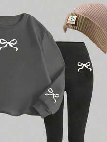SHEIN Leap Crew 2pcs/Set Tween Girl Cute Mini Bow Print Pullover Sweatshirt & Pants, Casual Outfit For Autumn/Winter - Multicolor - View 5