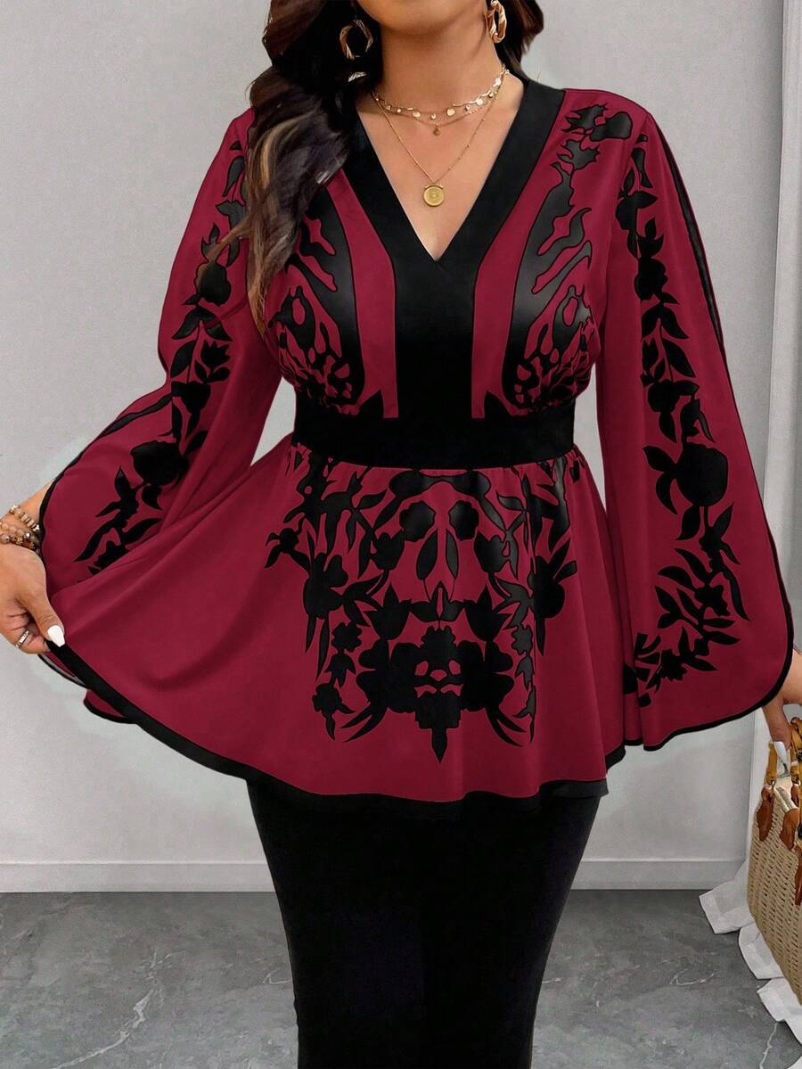 SHEIN Clasi 加大码花卉印花腰部收紧 A 字形 V 领喇叭袖休闲通勤优雅度假衬衫 - 玫瑰紅 - 查看 1