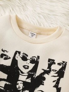 SHEIN 年轻女孩 2 件套针织人物印花宽松短款运动衫和紧身裤套装，运动风格，酷女孩非常适合秋冬季休闲日常穿着和学校日常穿着，羊毛，加厚 - 杏色 - 查看 5