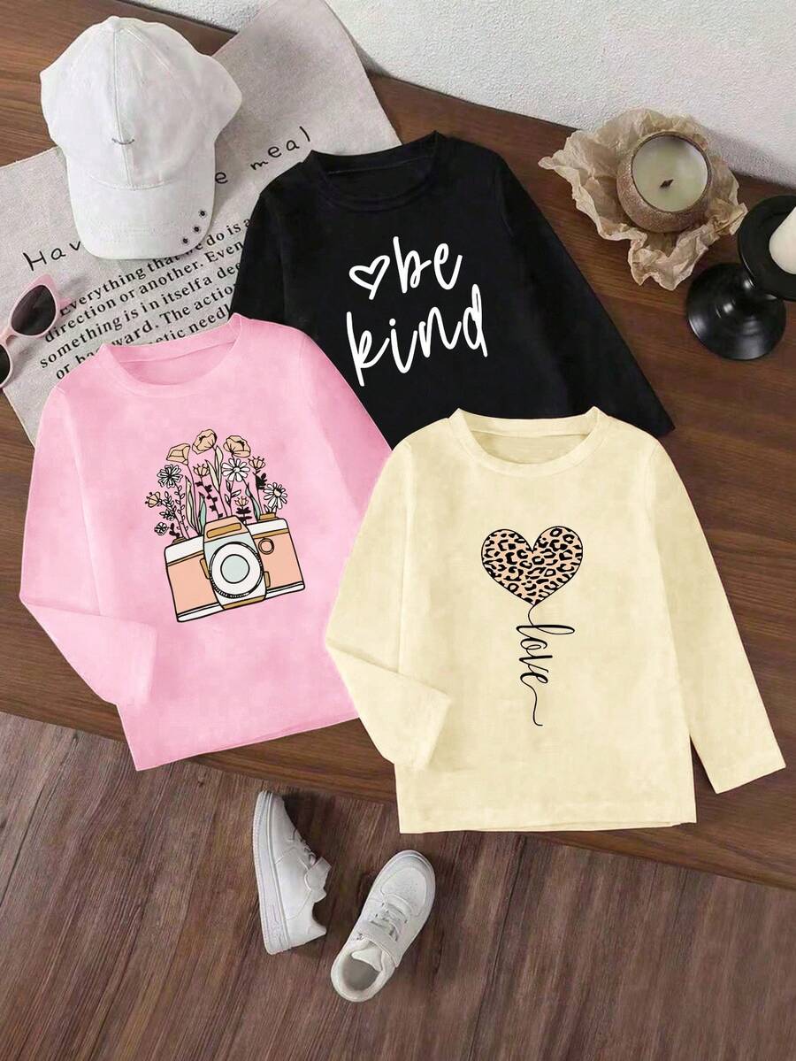 SHEIN 3件裝女童休閒時尚可愛相機、豹紋愛心字母印花圓領長袖T恤,適合春季/秋季、秋冬穿著 - 彩色 - 查看 1