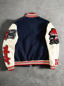 PAVTROS 男士长袖休闲学院风贴布纽扣棒球夹克，秋季男士印花棒球夹克，圣诞节