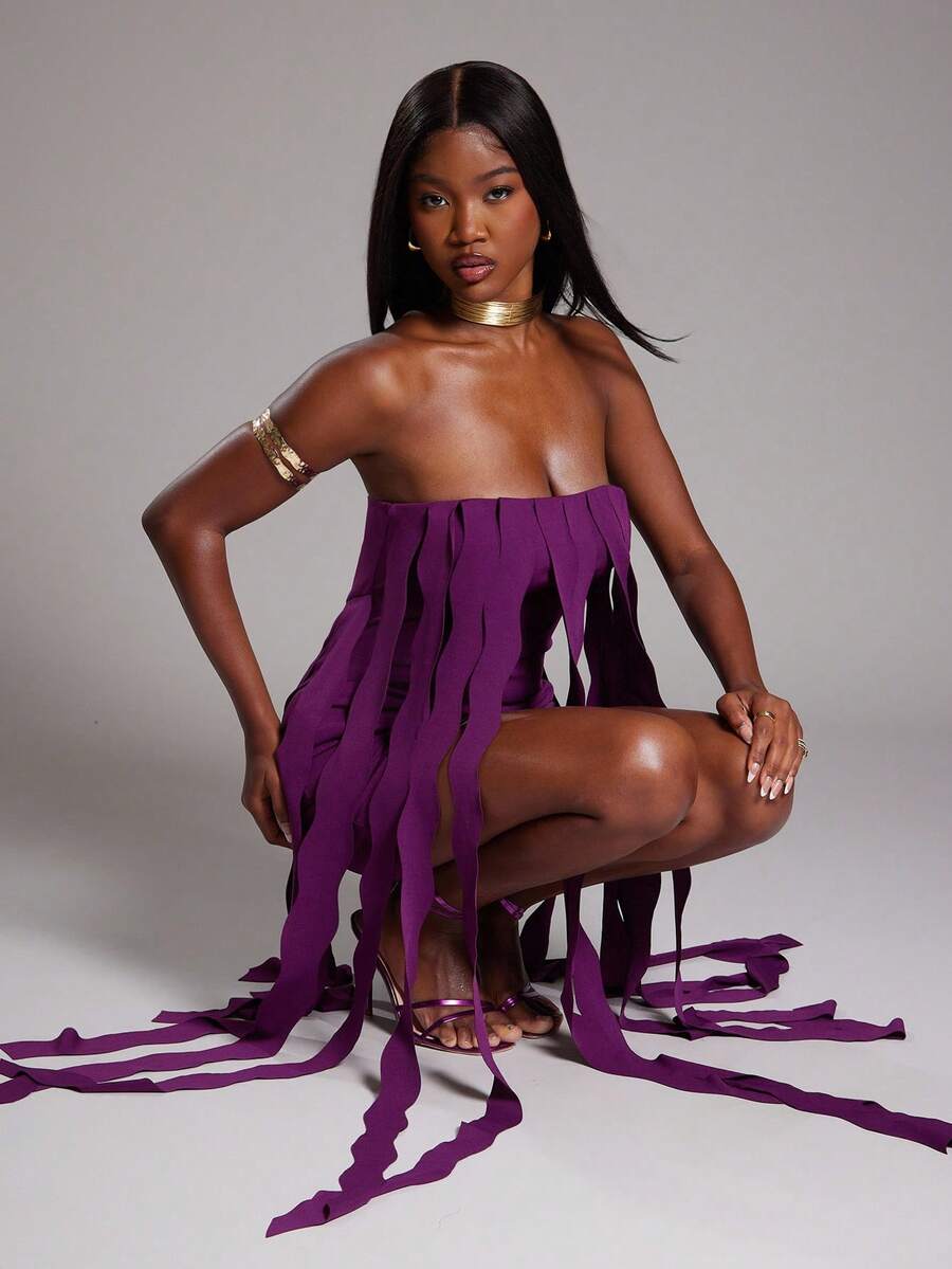 NYA SZN 连衣裙露肩无袖飘逸荷叶边细节特殊场合生日可爱活动秋冬适合女士通勤装 - Bold Plum - 查看 1