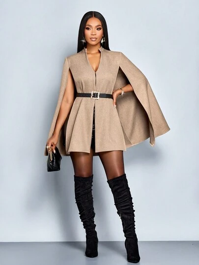 SOLERSUN Women's Solid Color Elegant Business Casual Cape Coat, Autumn/Winter,Ladies Spring/Fall Elegant Cloak Sleeve Stand Collar Loose Khaki Plain Women Overcoats,Casual Daily Wear Outfits Winter Women Clothes Teacher Outfits