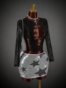 SHEIN ICON Star Pattern Sequin Skirt - Silver - View 5