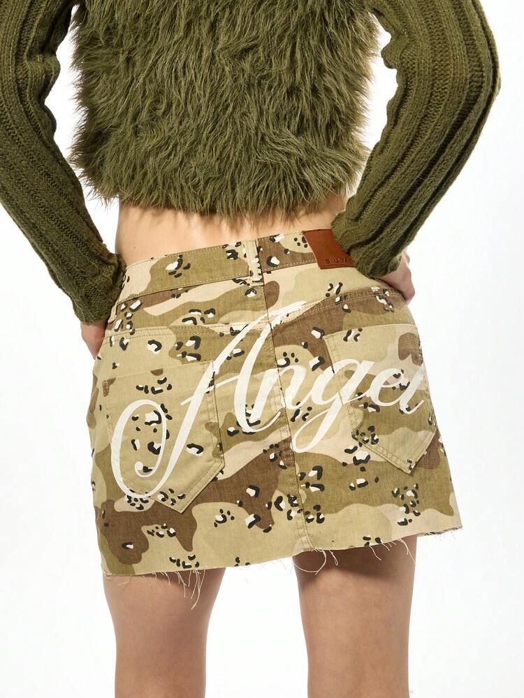 SUMWON WOMEN Distressed Denim Mini Skirt With Camo Print