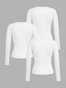 SHEIN EZwear 3pcs Women Crew Neck Casual Fitted Long Sleeve T-Shirt Set, Suitable For Autumn/Winter,White Shirt