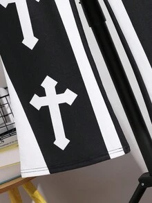 SHEIN 青少年/青少年男孩休闲日常舒适印花拼接宽松直筒针织运动裤 - 黑色 - 查看 4