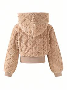 1 Áo khoác cardigan ngắn có mũ trùm đầu kéo khóa cho bé gái, vải dệt kim họa tiết, mùa thu - màu nâu - Xem 2